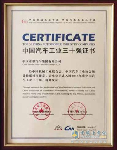  SINOTRUK Ranked among TOP 10 in Automobile Industry Companies for 12 Years
