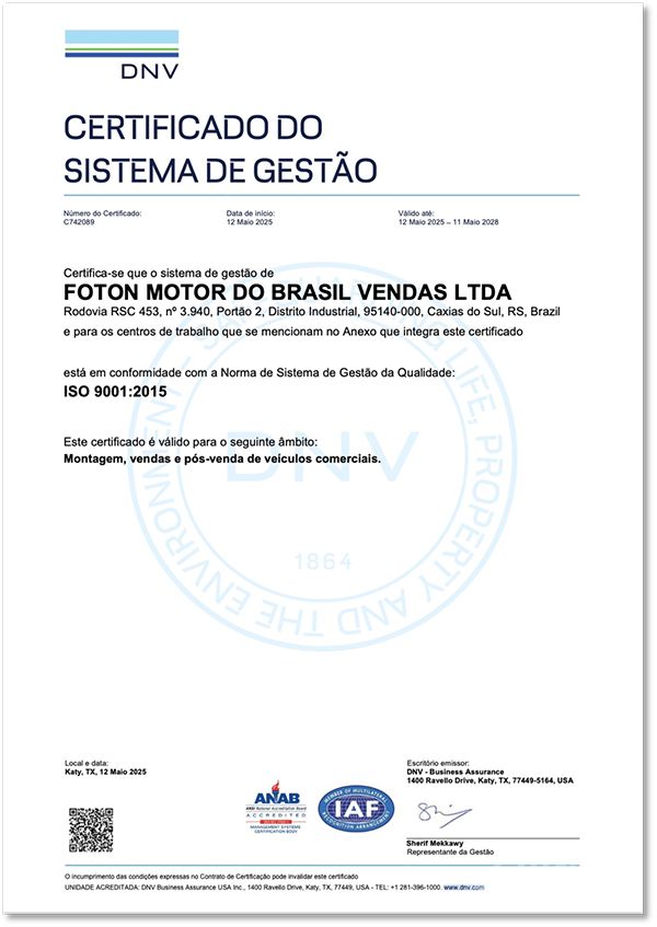 Foton Brazil Achieves ISO 9001 Certification