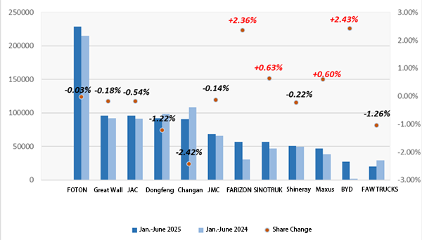 Light-Duty Truck Sales & Market Share Changes (Jan–Jun 2025 vs. 2024)