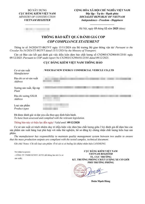 WEICHAI NECV Secures 36-Month COP Certification in Vietnam